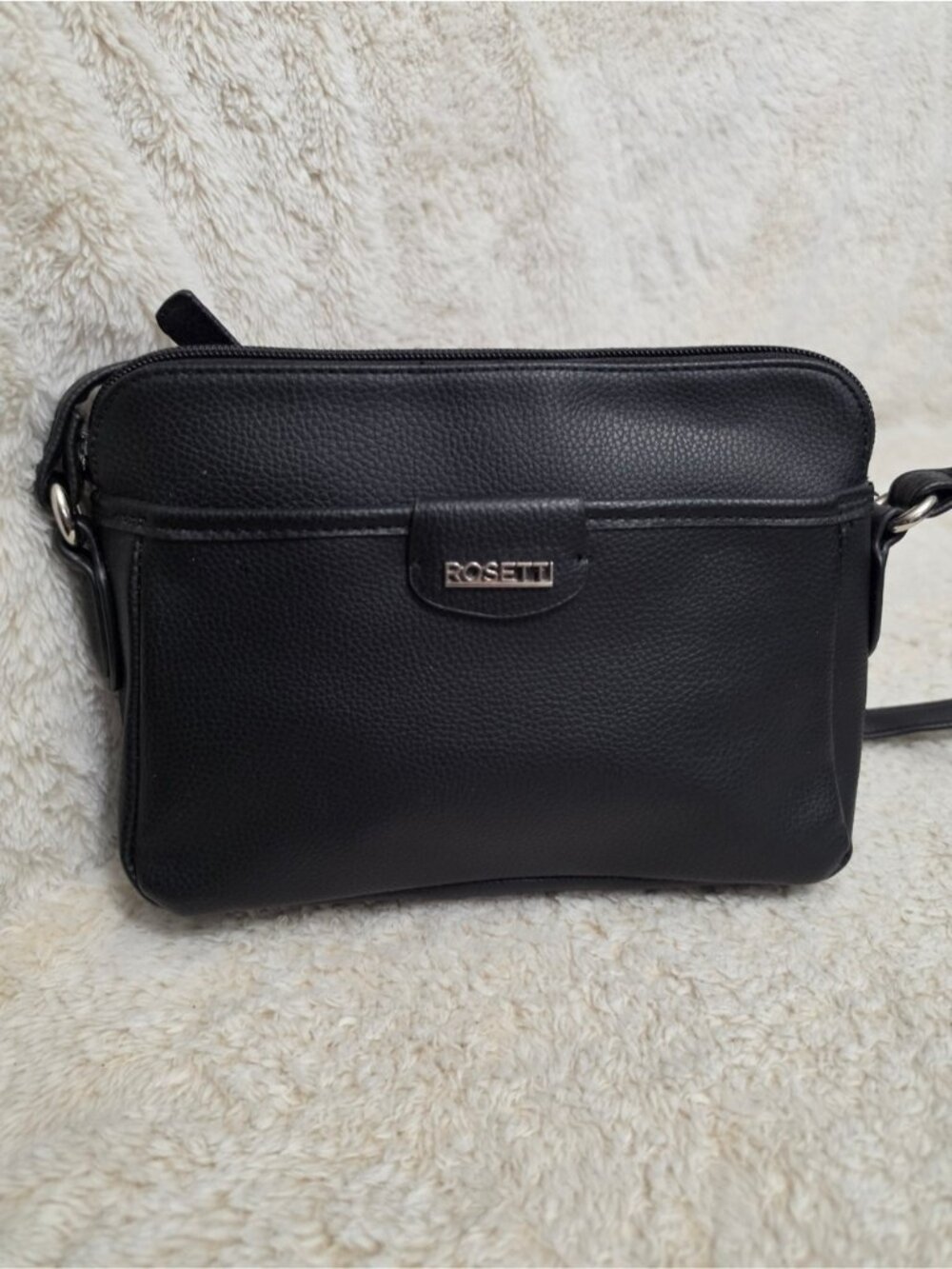 Rosetti Black Pebbled Crossbody Bag Adjustable Vegan Leather Silver Hardware